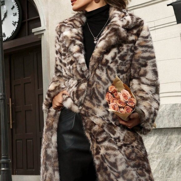 Khaki Casual Women's Leopard Print Faux Fur Coat - Picture 3 of 7